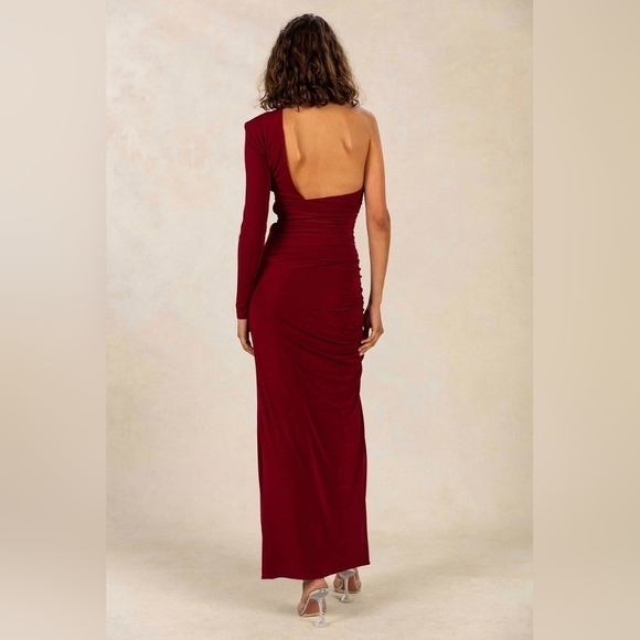 Misha Red Gathered High Slit One Shoulder Asymmetric Pauline Maxi Dress Cocktail - Picture 5 of 14